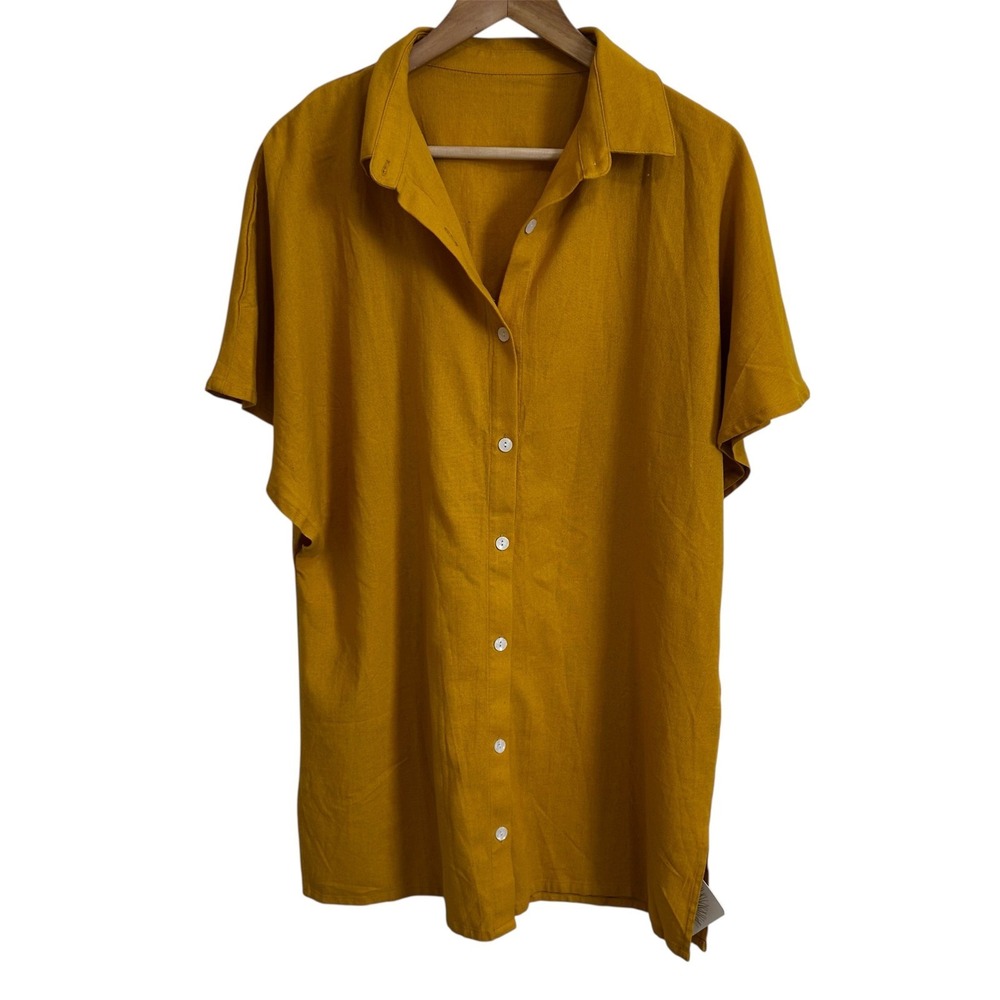 MyBohdi Linen Blend Button Down Tunic Top Short Sleeve Mustard Yellow medium